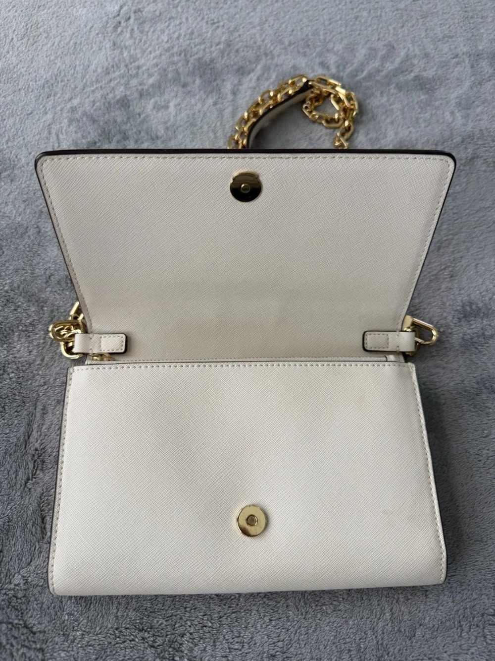 Tory Burch Robinson Saffiano Leather Chain Wallet Crossbody Cream Gold